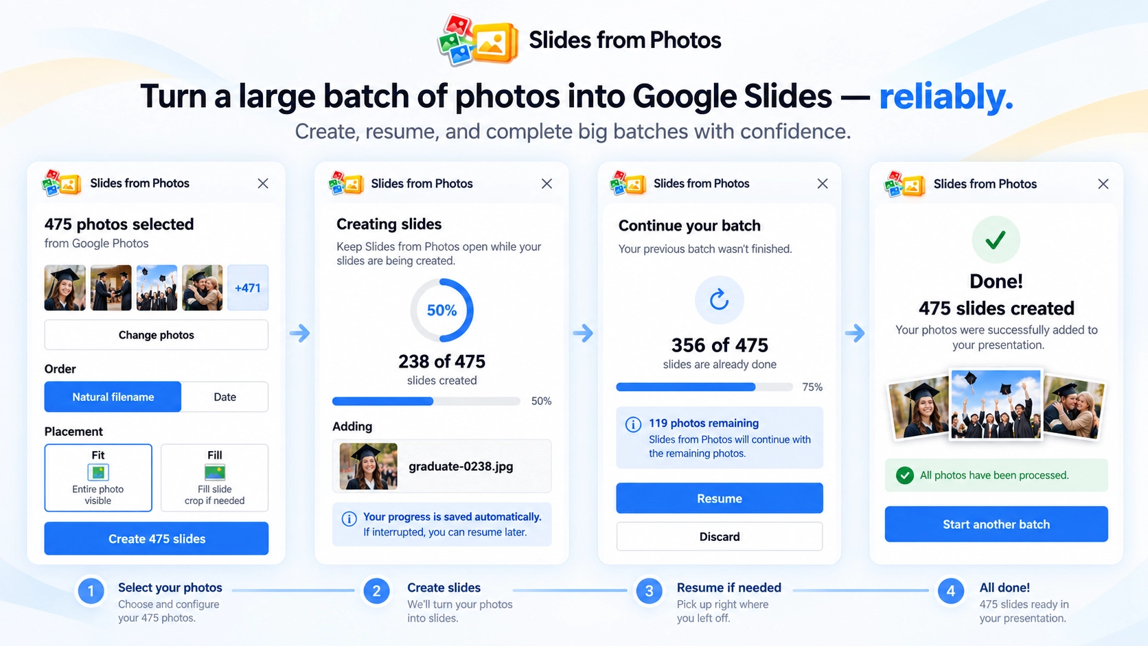 Slides from Photos showing progress and resume for a large Google Slides photo batch.