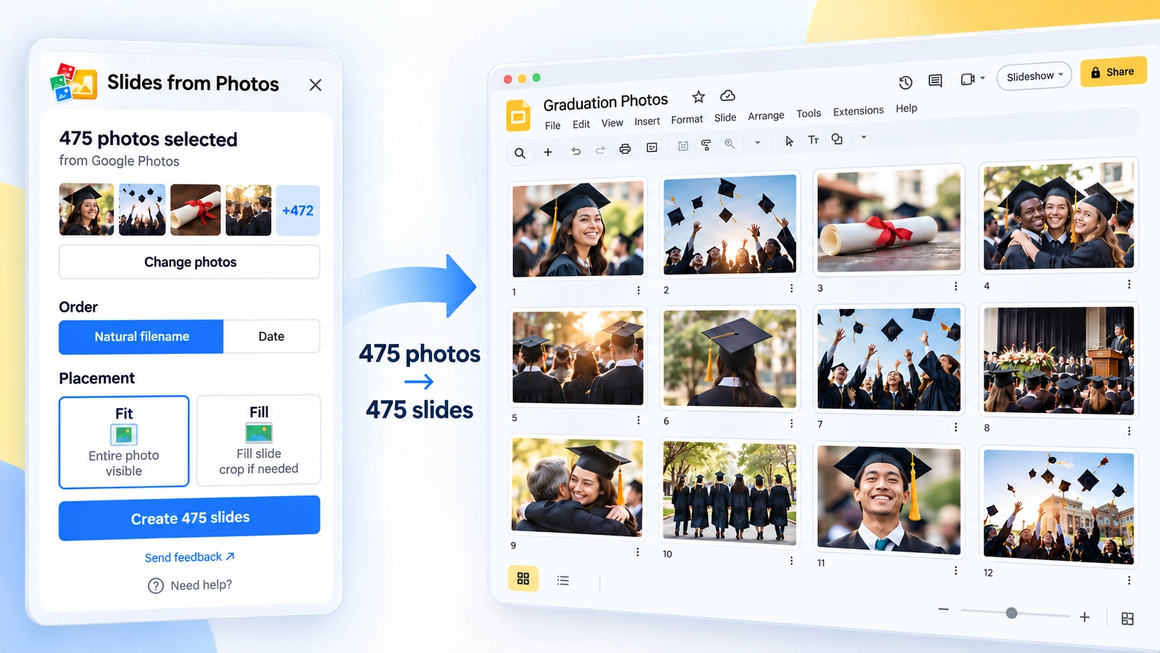 Slides from Photos turning a large batch of graduation photos into individual Google Slides.