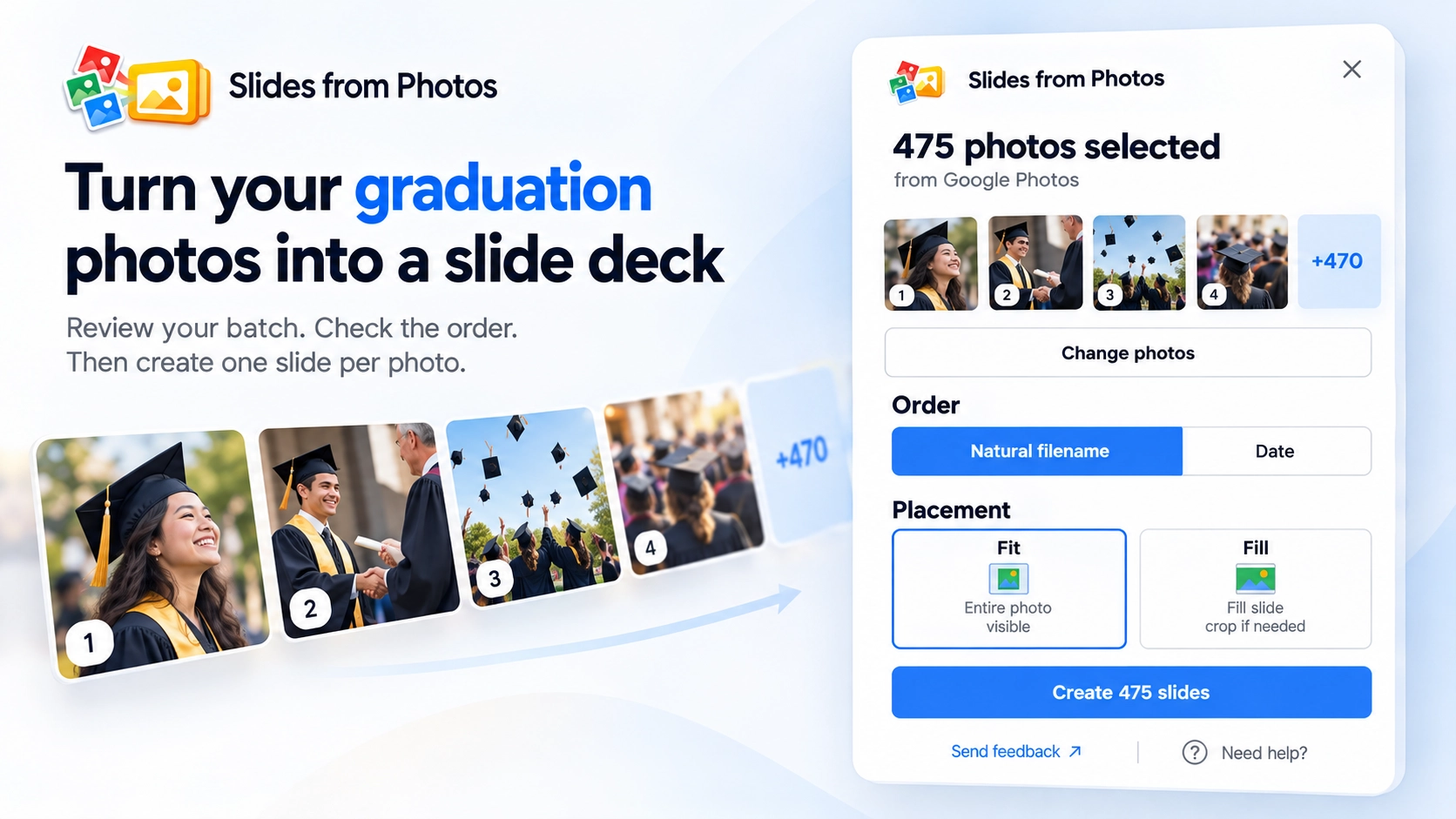 Reviewing the order of a large photo batch before creating one Google Slide per photo.