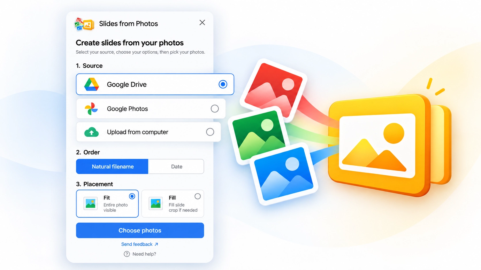 Slides from Photos source selection with Google Drive, Google Photos, and computer upload.