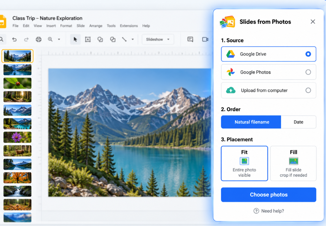 Slides from Photos panel beside a Google Slides presentation with a batch of photos