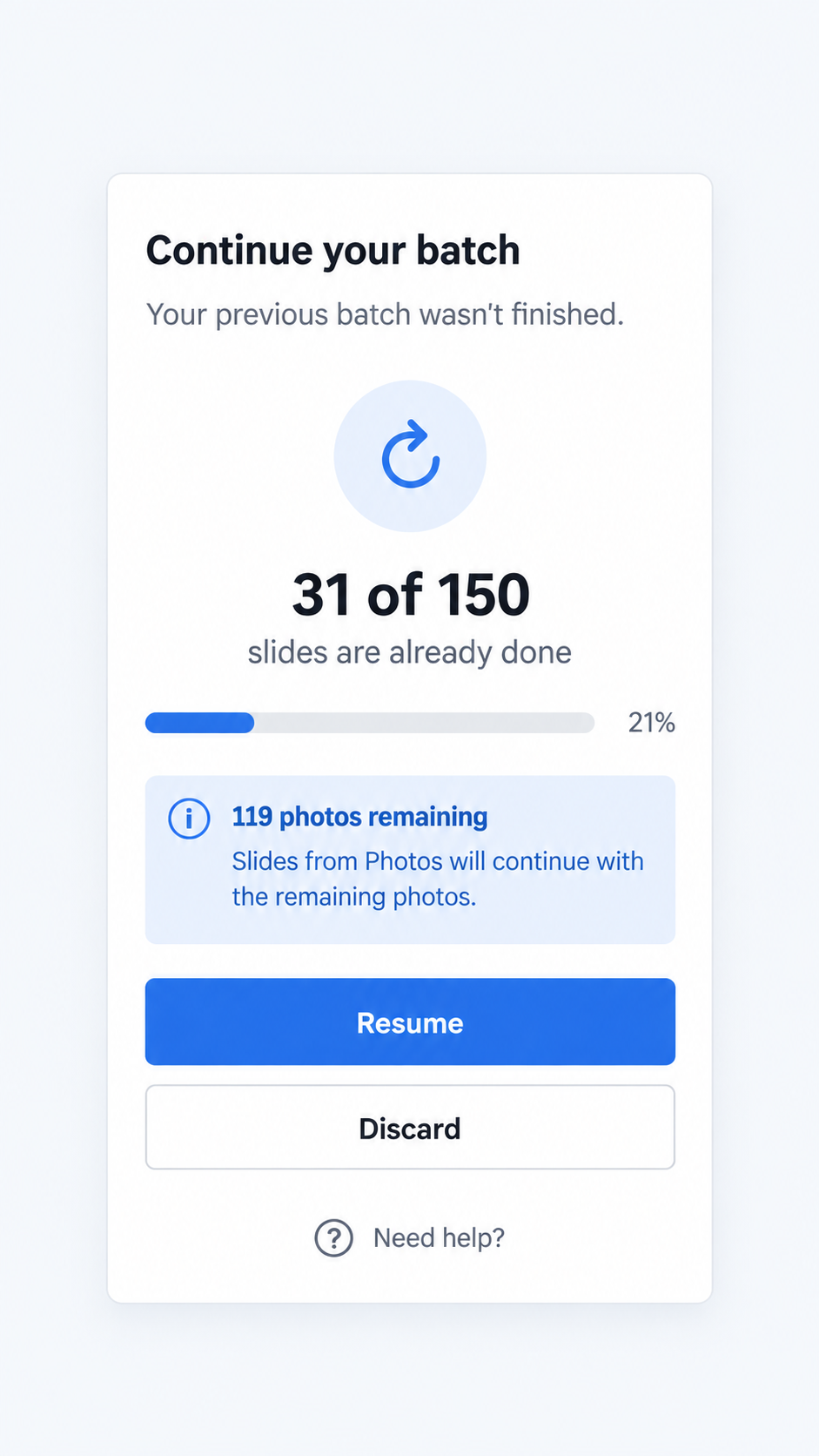 Slides from Photos batch progress with resume support.